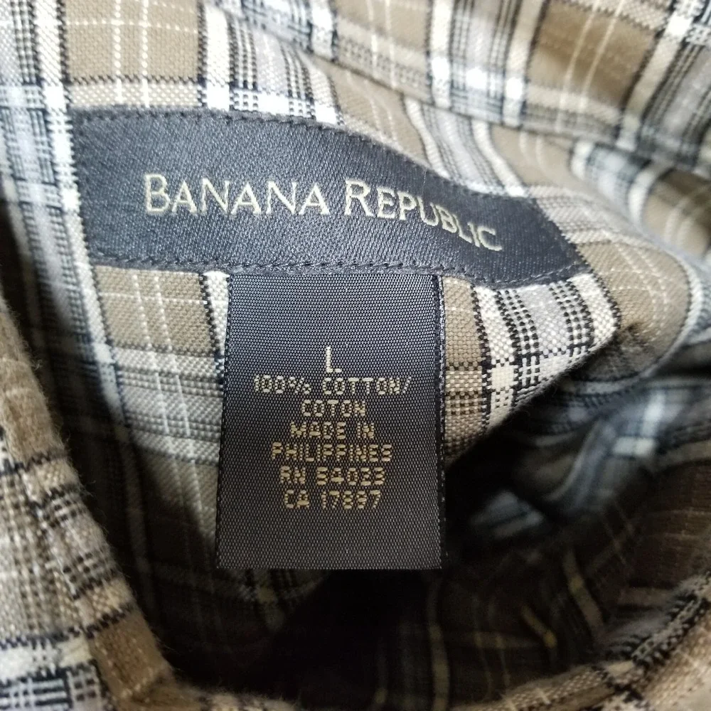 Banana Republic Shirt Men L Brown‎ Plaid Cotton Oxford Long Sleeve Dress Pocket